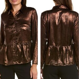 Nanette Lepore NWT Bronze Shimmer Long Sleeve Peplum Button Down Blouse‎ Large